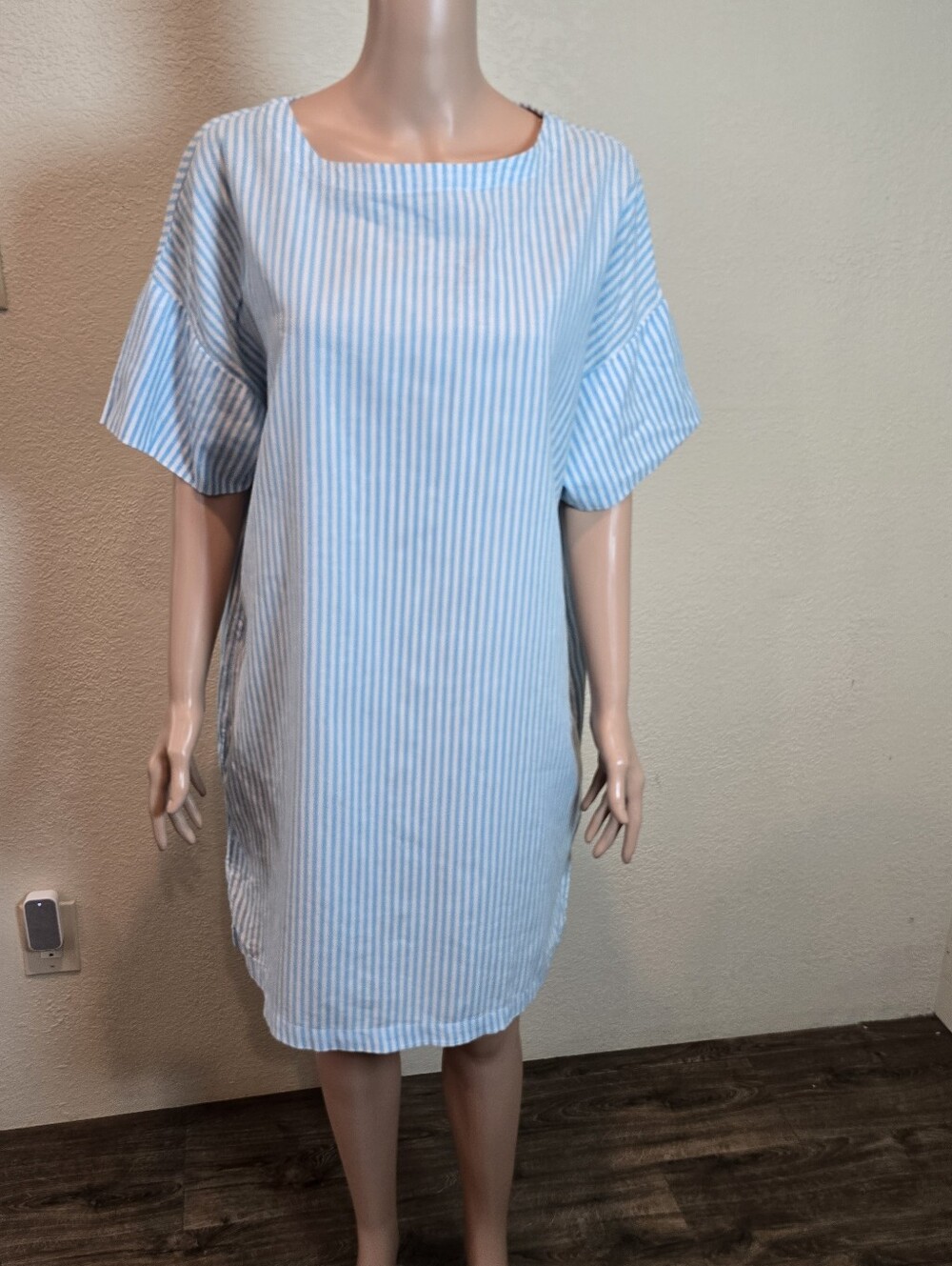 La Relaxed Cotton And Linen Dress Striped Blue/white Size Large - Picture 4 of 11